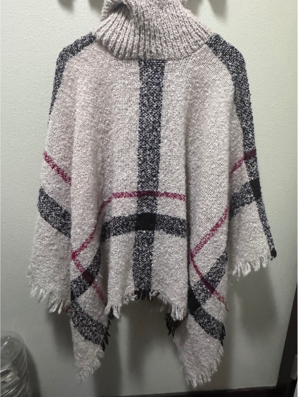 Women’s Plaid Turtleneck Poncho Cape Cream Black Burgundy Fringe One Size